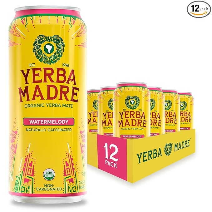 Yerba Madre Organic Yerba Mate Energy Drink Alternative Watermelody 150mg Plant Based Caffeine Smooth Energy &amp Focus No Jitters or Crash 15.5 Oz Cans (Pack of 12)