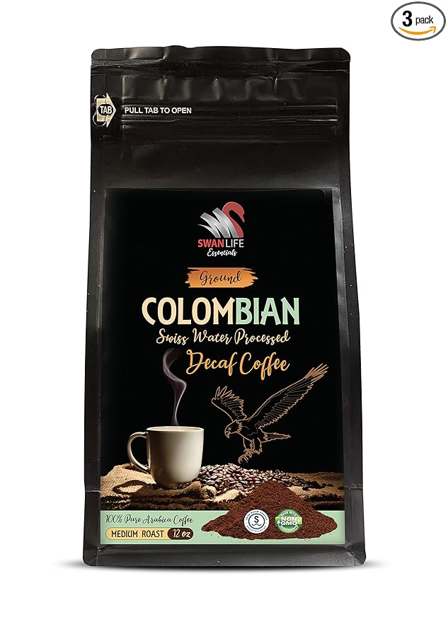 pure 100% arabica ground decaf coffee - DECAF COLOMBIAN GROUND COFFEE - Medium Roast 100% Pure Arabica swiss water processed non gmo - coffee from colombia by SWAN LIFE ESSENTIALS - 3 Bags (36 Oz)