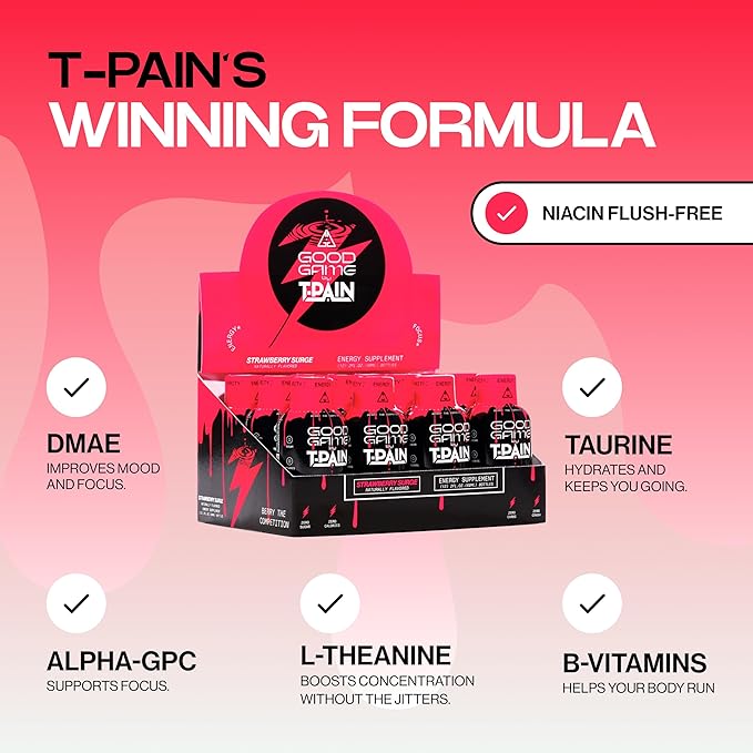 Nappy Boy Dranks Good Game by T-Pain Energy Shot 2oz (12 Pack) Sugar-Free Zero Calorie Focus Drink with 200mg Caffeine and B-Vitamins (B3 B6 B12) - Clean No-Crash Energy Boost Strawberry Surge