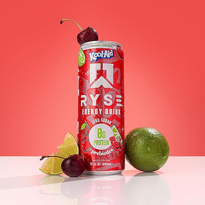 RYSE Functional Energy Drink - Kool-Aid Cherry Limeade - 150mg Natural Caffeine 8g Whey Protein &amp 1g Prebiotics - Sugar Free Gut-Friendly Bloat-Free - 12 fl oz Cans (12-Pack)
