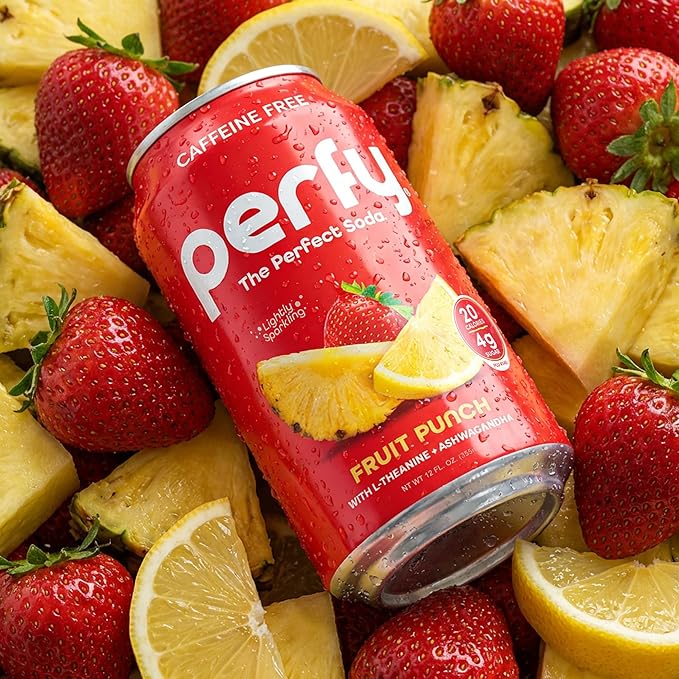 PERFY Caffeine Free Fruit Punch Soda | Made With Real Fruit Juice – Low Sugar Nootropic Drink with L-Theanine + Ashwagandha | Calming Adaptogen Mocktail | Keto + GLP-1 Friendly | Sweetened with Stevia