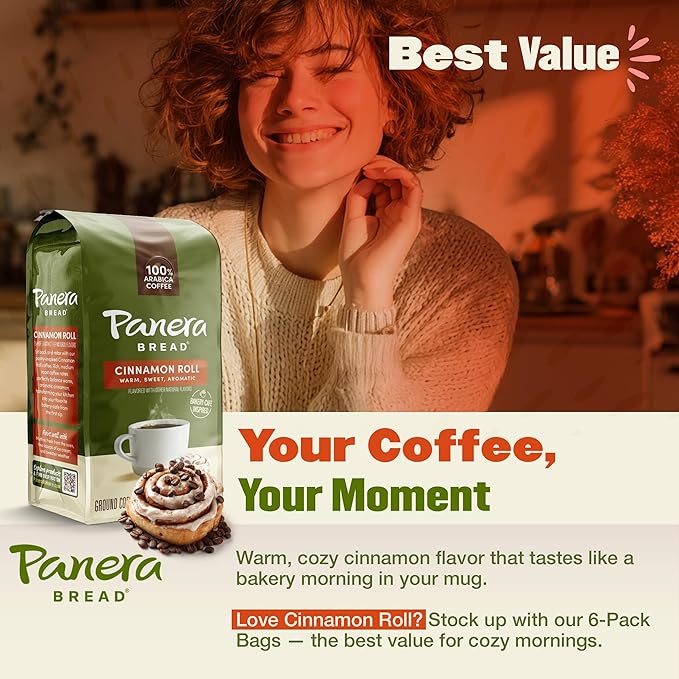 Panera Coffee Cinnamon Roll Ground Coffee 100% Arabica Medium Roast Bakery-Inspired Flavor No Artificial Ingredients 12oz Bag Pack of 6 (72 oz Total) for Home Brewing