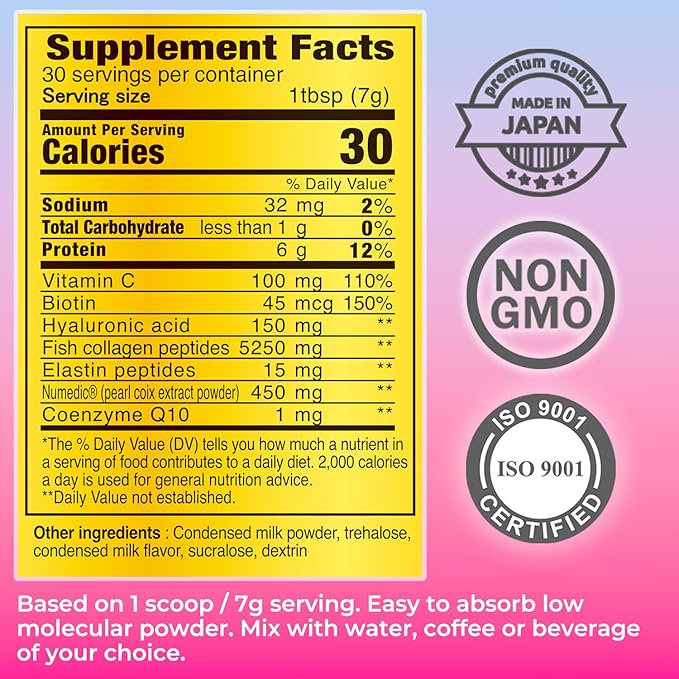 FINE JAPAN Premium Marine Collagen Powder with Hyaluronic Acid CoQ10 &amp Elastin - Non-GMO - 30 Servings (210g / 7.4oz) Made in Japan