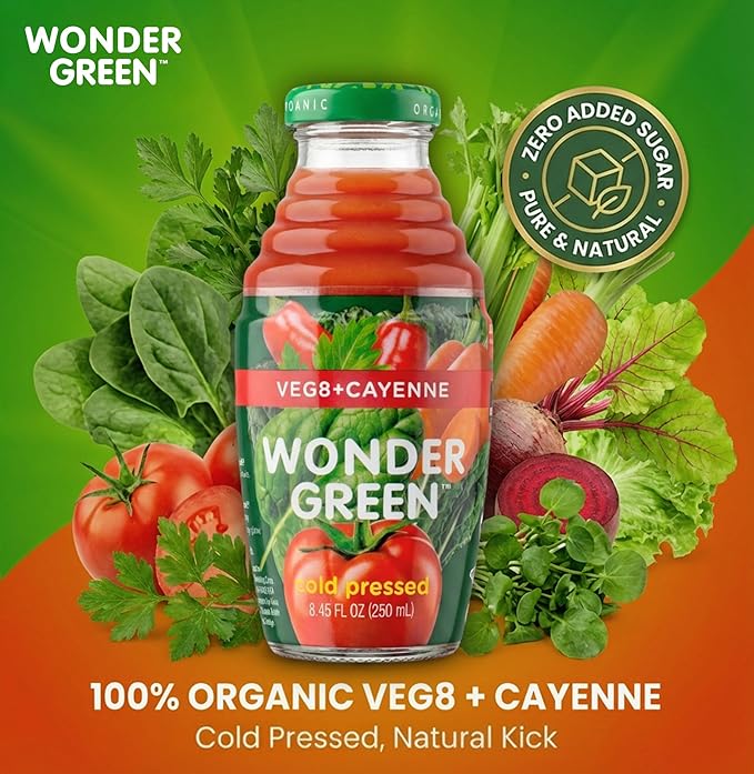 Wonder Green 100% Organic Veg8 + Cayenne Cold Pressed Juice 8.45 oz (6 Pack) | Vegetable Juice Blend All Natural No Additives or Preservatives Not from Concentrate