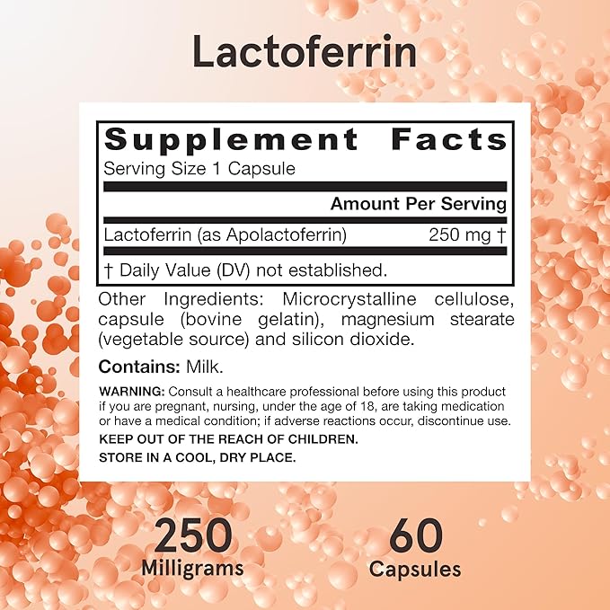 Jarrow Formulas Lactoferrin 250 mg - Immune-Supporting Glycoprotein - for Healthy Immune System Support &amp Iron Absorption - Freeze Dried - Gluten Free - Non-GMO - 60 Capsules (Servings) Pack of 1