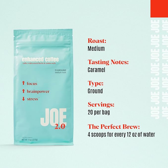 Joe 2.0 Mushroom Coffee Gift Kit – Colombian Medium Roast Ground Coffee with Lion’s Mane &amp Ashwagandha – Includes Branded Mug &amp Coffee Spoon – Supports Calm Focus – 20 Servings