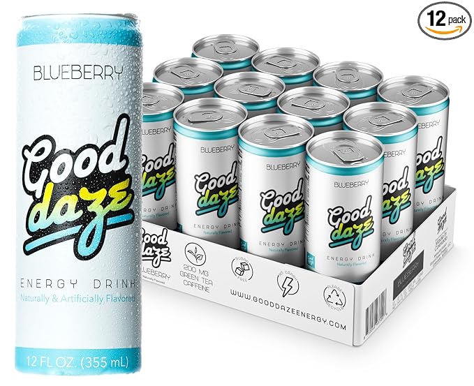 Good Daze Energy Drink with 200mg of Caffeine from Tea Sugar Free B Vitamins L-Theanine Pre Workout Performance with Antioxidants Blueberry 12FL OZ Cans (Pack of 12)