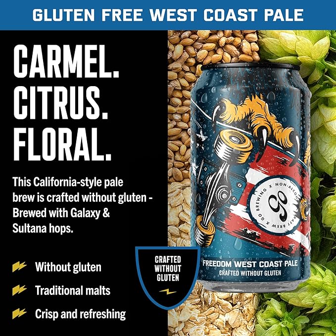 Go Brewing - Freedom West Coast Pale without Gluten - Non-Alcoholic Craft Beer - Small Batch Low-Calorie Brew - Caramel Citrus &amp Floral Flavor Profile - Bold &amp Smooth Finish - Ideal for Any