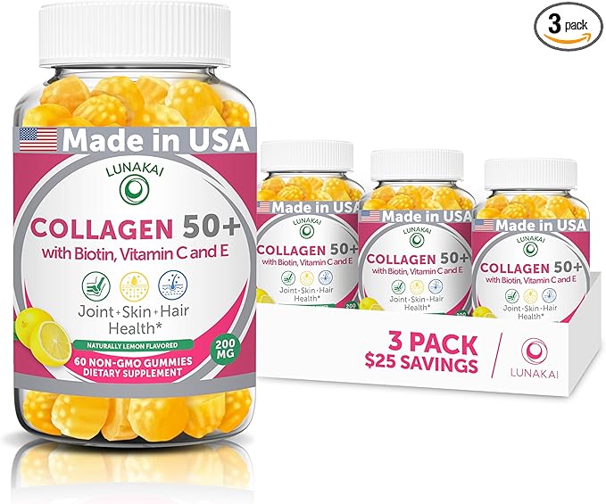 Lunakai USA Made Collagen Gummies for Women &amp Men Over 50 Biotin &amp Vitamin C Supports Skin Elasticity Hair &amp Nail Strength Joint Support - 3 Pack