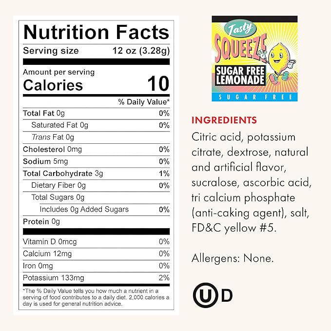 Tasty Squeeze Sugar-Free Lemonade Drink Mix Packets – 12 Count – Tangy Citrus Flavor Powder for Gallon Pitchers – Low-Calorie Easy-to-Mix Ideal for Hydration Summer Refreshments and Bulk Beverage