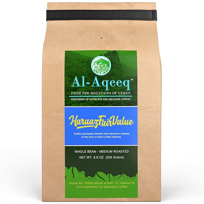 Al-Aqeeq Whole Bean Yemen Coffee Haraaz Region | Specialty Organic Arabica Coffee | Low Acid Medium Roast | Freshly Roasted Fair Value
