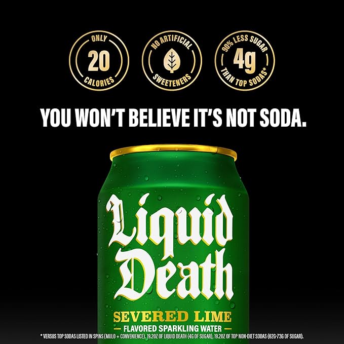 Liquid Death Soda-Flavored Sparkling Water - Severed Lime (Classic Lime Soda) Less Sugar* Huge Flavor No Artificial Sweeteners King Size 19.2 Fl Oz (Pack of 12)