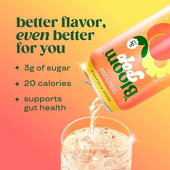 Bloom Pop Prebiotic Soda 12 Pack Peach Pineapple 12oz Cans | Prebiotic Soda for Gut Health Low Calorie Soda No Caffeine Healthy Soft Drink Alternative