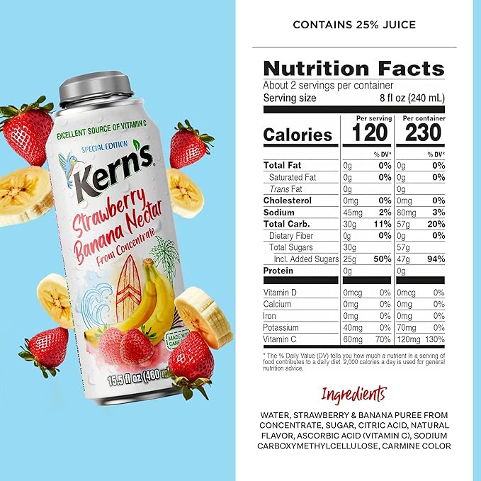Kern’s Strawberry Banana Nectar Lata Botella - Fresh Fruit Puree &amp Tropical Fruit Juice Concentrate for Smoothie Mix Cocktail Mixers &amp Kids Beverages - 15.5oz 12 Pack Resealable Juice Bottle