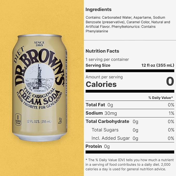 Dr. Brown's Diet Cream Soda - A New York Original - 24 Cans - Kosher Vanilla Cream Craft Soda Pop - Gourmet Diet Cream Soda - 24 x 12 oz Cans
