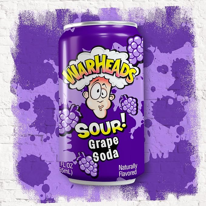 Sour Fruity Soda with Classic Warheads Flavors – Perfectly Balanced Sweet and Sour Soda - Warheads Candy Throwback Treat Soda Cocktail Mixer Pack of 12 12oz Cans (Grape)