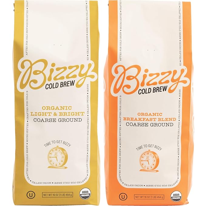 Bizzy Organic Cold Brew Coffee | Bundle | Coarse Ground Coffee | Light &amp Bright 1 LB + Breakfast Blend 1 LB | 2 Pack