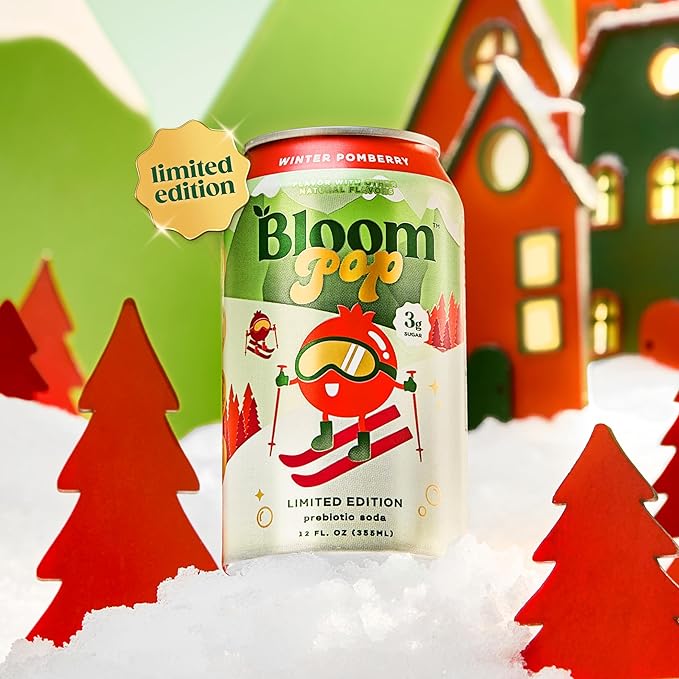 Bloom Pop Prebiotic Soda 12 Pack Winter Pomberry Flavor 12oz Cans | Prebiotic Soda for Gut Health Low Calorie Soda No Caffeine Healthy Soft Drink Alternative