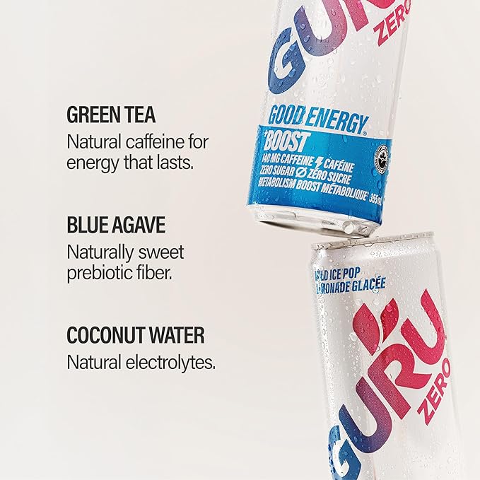GURU ZERO SUGAR Wild Ice Pop Organic Energy Drinks Clean Energy Drink with Plant Based Natural Caffeine from Green Tea Coconut Water Prebiotic Zero Added sugars Gluten Free and Vegan Pre Workout