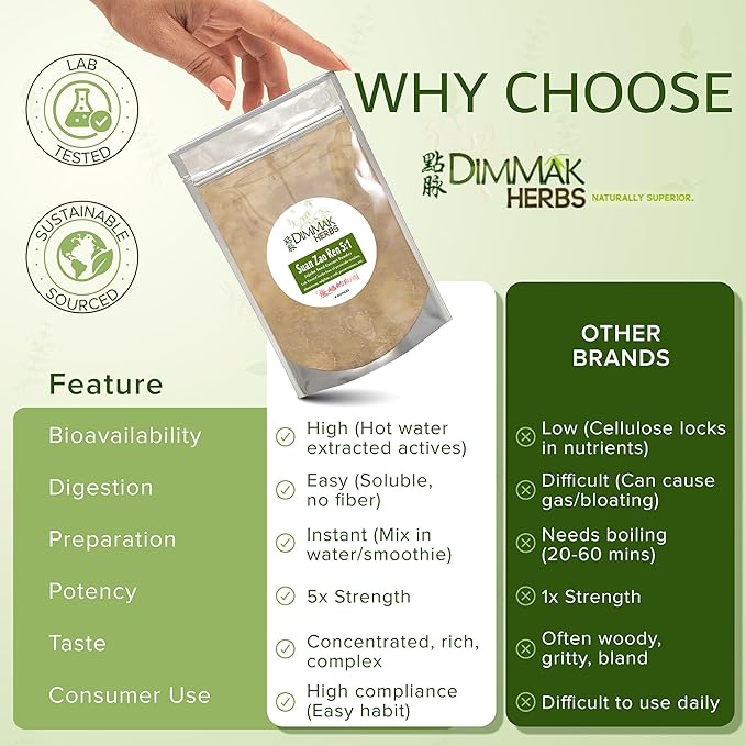 Dimmak Herbs Organic Suan Zao Ren 5:1 Extract (Sour Jujube Seed)- Premium Natural Sleep Aid for Insomnia Anxiety &amp Night Sweats- Calms The Spirit (Shen)- Non-Habit Forming (4oz)