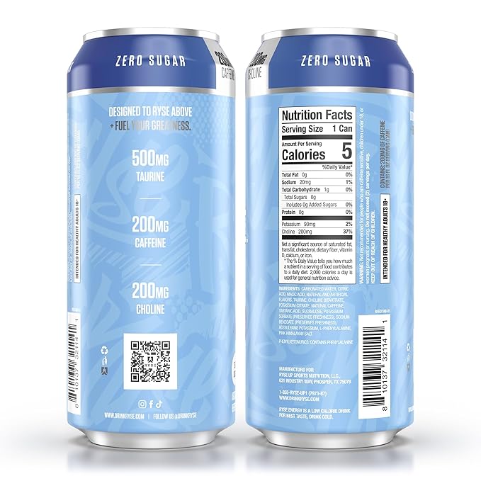 RYSE Fuel Energy Drink - Arctic Berry - Sugar Free Gluten Free &amp Vegan - 200mg Natural Caffeine Taurine &amp Choline for Focus &amp Energy - No Artificial Colors - 16 fl oz Cans (12-Pack)