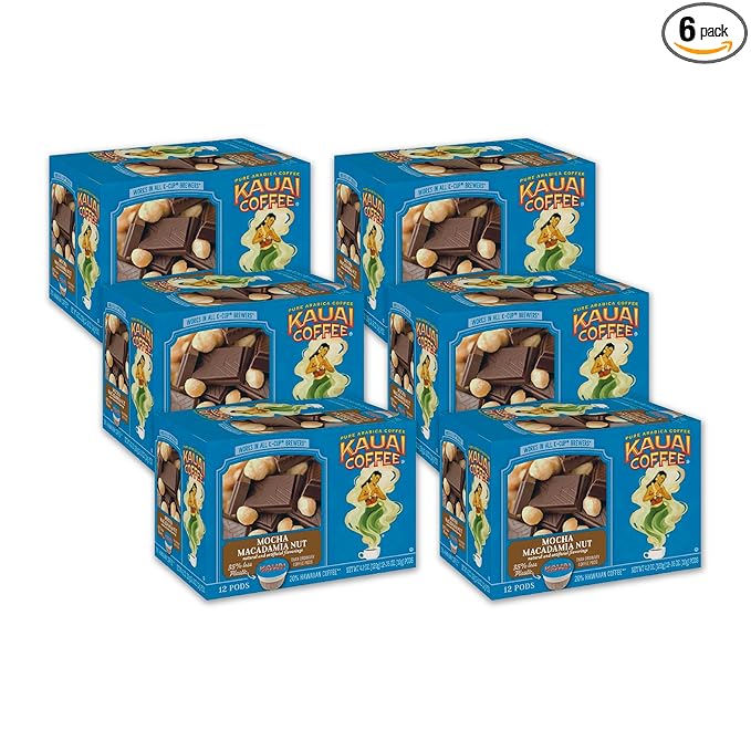 Kauai Coffee Pods Compatible with K-Cup Pods for Keurig Brewers – 20% Hawaiian Arabica – Medium Roast Rich Smooth No Bitterness – Mocha Macadamia Nut 6 Packs of 12 Single Serve Cups