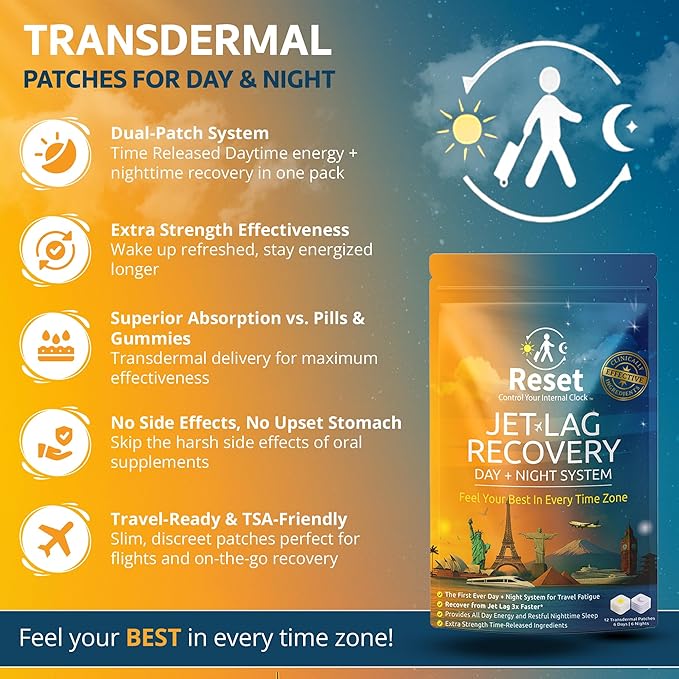 Reset Jet Lag Recovery System | Day and Night Transdermal Patches with Extra Strength Melatonin Magnesium and B Vitamins | Travel Fatigue Relief Sleep Support and Energy Boost |12 Patches