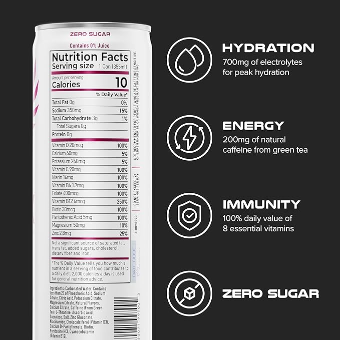 PHX Hydration Energy Drink - 700mg Electrolytes 200mg Natural Green Tea Caffeine 100% Daily Value 8 Essential Vitamins - 12 oz Cans (12 Pack) (12 Pack Wild Berry)