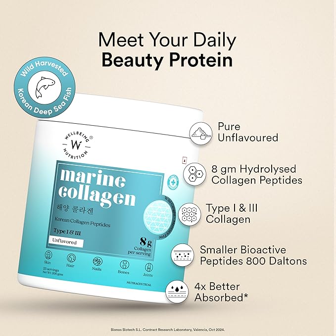 WELLBEING NUTRITION Pure Korean Marine Collagen Supplements for Women &amp Men 200g | Hydrolyzed Collagen Powder and Amino Acids | Supports Healthy Skin Hair Nails Bone &amp Joint | Unflavored
