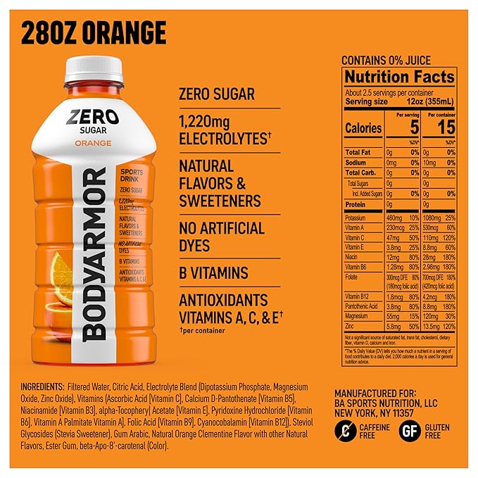 BODYARMOR ZERO Sugar Orange Electrolyte Drink Natural Flavors 28 Fl Oz Bottles (15 Pack) B Vitamins &amp Antioxidants Sugar Free Hydration