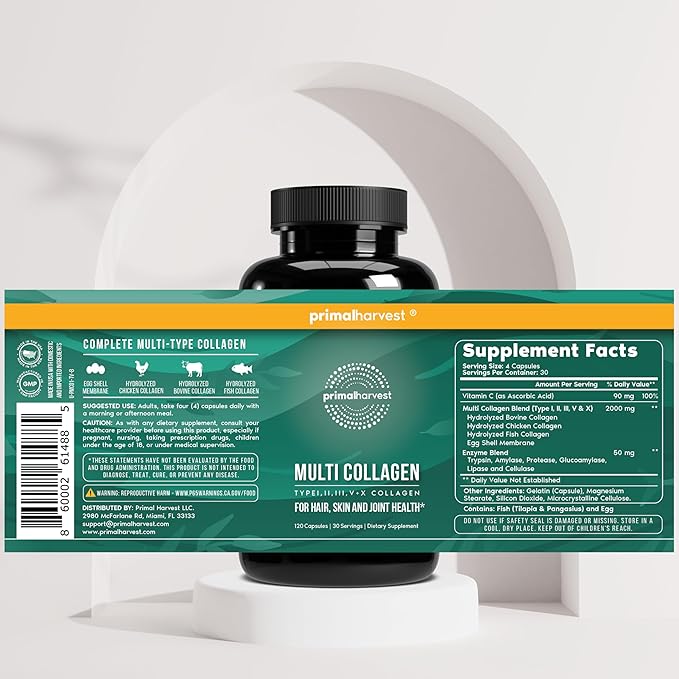 Primal Harvest Super Greens &amp Multi Collagen Capsules Supplements for Women and Men - Superfood Greens Powder and Multi Collagen Peptides Capsules for Hair Skin and Nails Bundle
