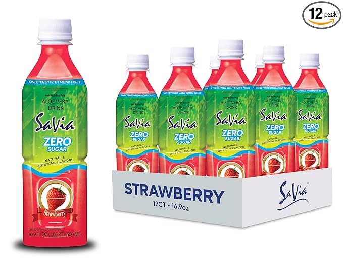 Savia - Zero Sugar Strawberry Aloe Vera Drink Quality Aloe-Based Beverage Made with Real Aloe Pulp &amp Natural Delicious &amp Refreshing Vegetarian Gluten-Free Fat-Free (16.9oz 12-Pack)
