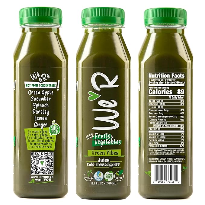 WE’R Green Vibes – 100% Fruit &amp Veggie Juice – Cold-Pressed &amp HPP – 10 Pack – 11.2 fl oz Each (330 ml) – Nothing Added! Vegan GMO-Free Not From Concentrate