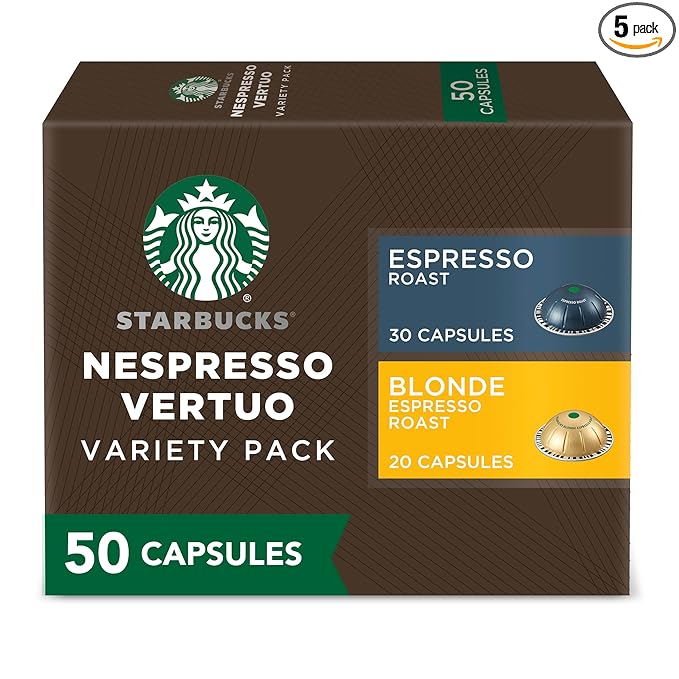 Starbucks by Nespresso Vertuo Blonde &amp Dark Roast Variety Pack Coffee &amp Espresso 50-count Coffee and Espresso Pods Brews 7.8 oz and 1.35 oz.