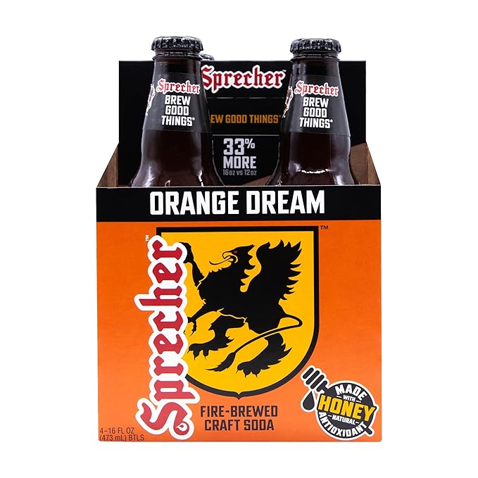 Sprecher Orange Dream Soda in 16 fl oz Glass Bottles (24 Pack) Fire-Brewed Craft Orange Soda Made with Real Honey Handcrafted Orange Cream Soft Drink