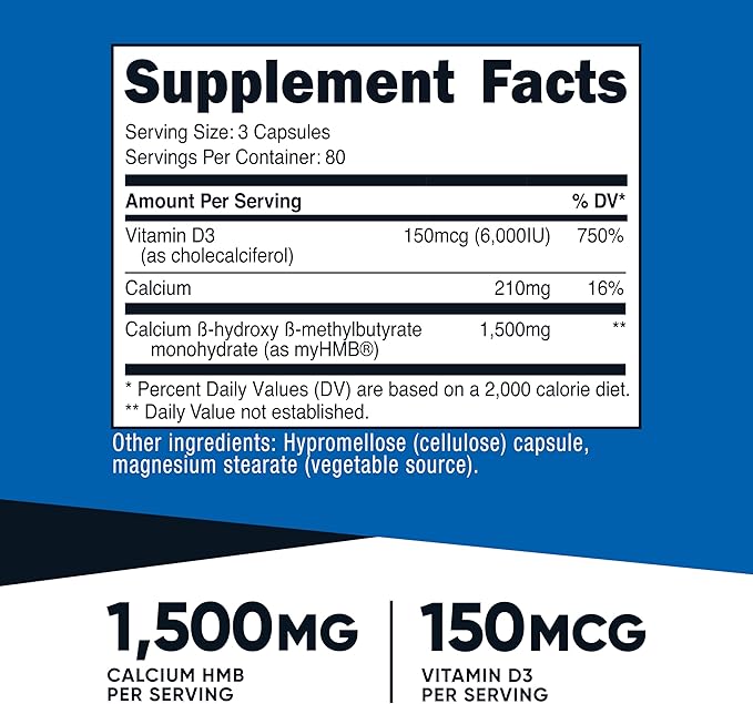 Nutricost HMB (1500mg) and Vitamin D3 (6000 IU) Supplement - 240 Capsules 80 Servings - Gluten Free and Non-GMO
