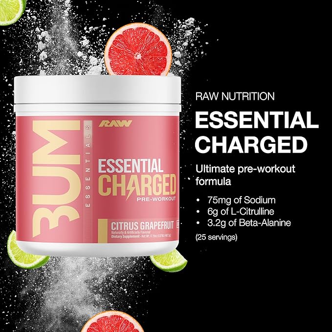 RAW Pre-Workout Powder Essential CHARGED (Citrus Grapefruit) - Preworkout Supplement for Men Women - Supports Focus Mood Performance - Caffeine Alpha-GPC L-Citrulline Beta Alanine (25 Servings)
