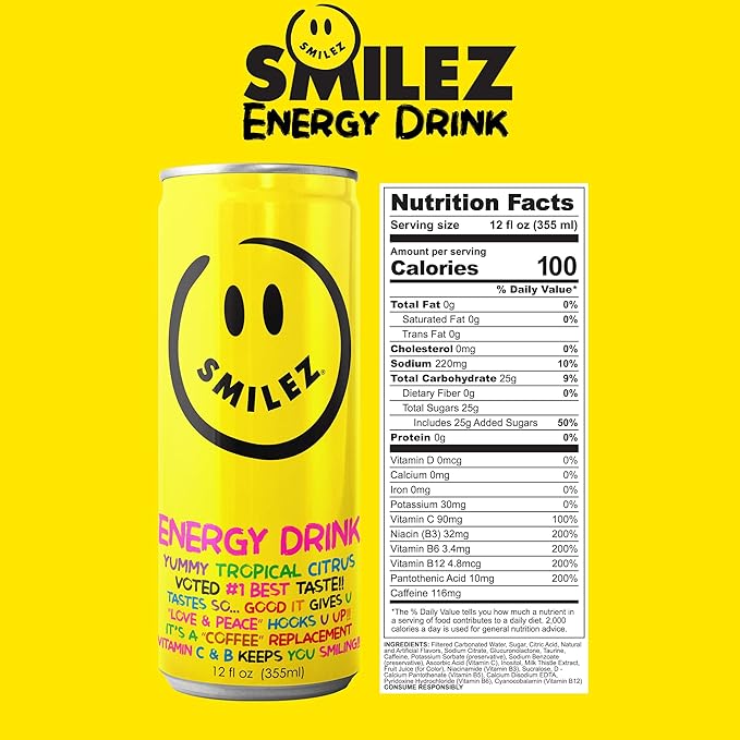 Smilez Energy Drink Tropical Citrus 12 Fl Oz Cans (Pack of 12)