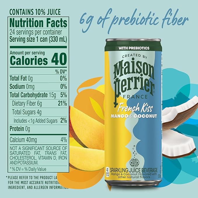 Maison Perrier French Kiss Sweetened Sparkling Juice Beverage Mango &amp Coconut Flavors With Real Fruit Juices 24Pk
