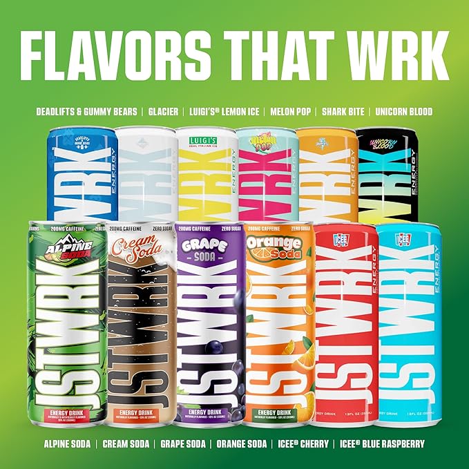 JST WRK Energy Drink - 12-Pack Sugar-Free Zero Calories No Sugar Alcohols 12 Fl Oz. 200 milligrams Caffeine (Alpine Soda)