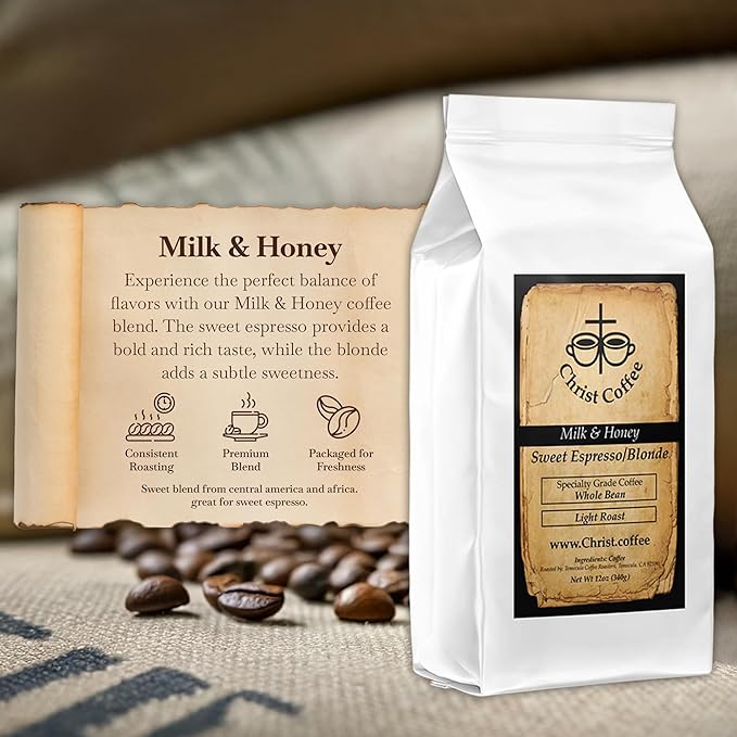 Christ Coffee Milk and Honey Sweet Espresso/Blonde Whole Bean | Smooth and Sweet Flavor Perfect for Espresso or Brewed Coffee | Freshly Roasted 16 oz Bag