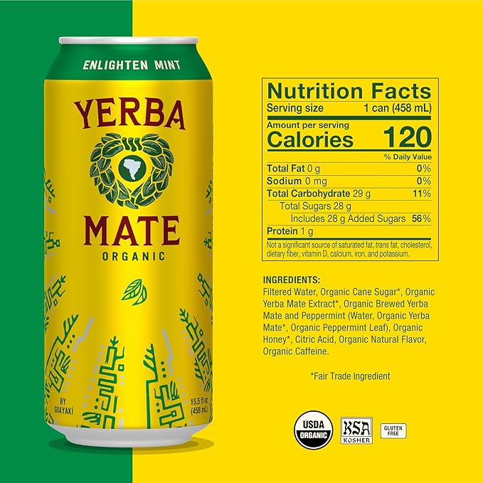 Yerba Madre Organic Yerba Mate Clean Energy Drink Alternative Bundle Enlighten Mint &amp Bluephoria Flavors 15.5 Oz (Pack of 24) 150mg Natural Caffeine Smooth Energy &amp Focus