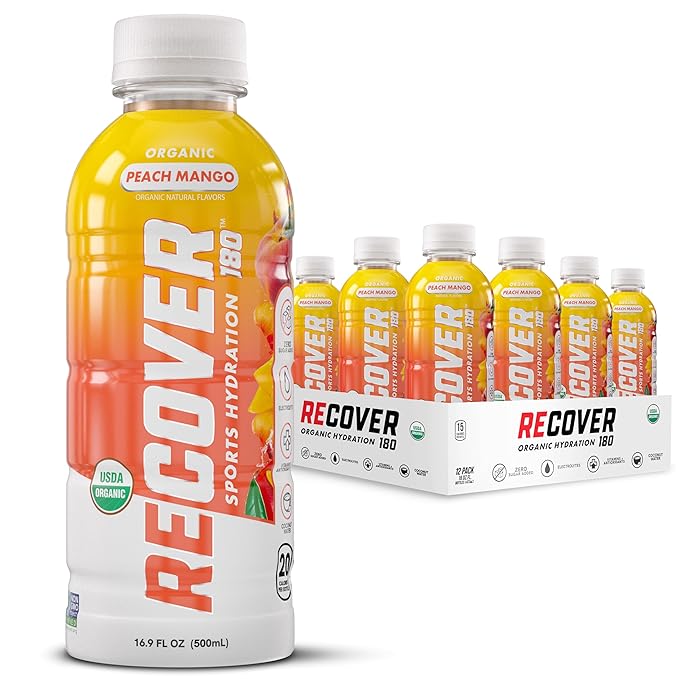 RECOVER 180 Organic Sports Hydration Drink No Sugar Added 20 Calorie Sports Beverage Organic Flavors With Vitamins Potassium-Packed Electrolytes (16.9 Fl Oz (Pack of 12) Peach Mango)