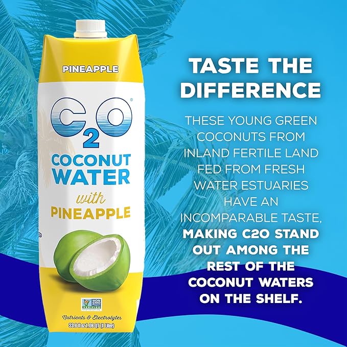 C2O - Coconut Water with Pineapple (6 Pack) - Made with Fresh Coconut Water - Plant Based Non GMO Water - Natural Hydration Essential Electrolytes &amp Potassium - 6 Tetra Packs 33.8 FL OZ