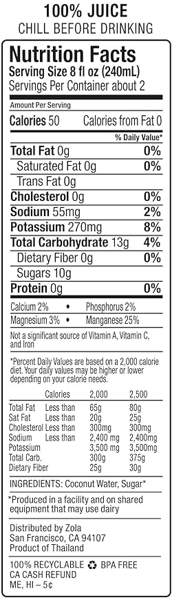 Zola 100% Pure Coconut Water 17.5 Fl Oz (Pack of 12)