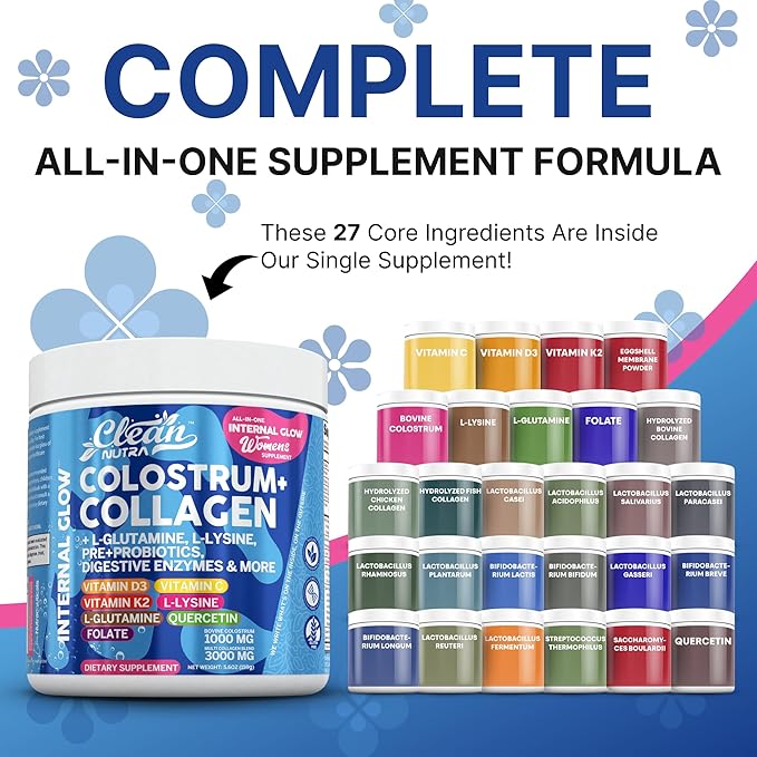 Bovine Colostrum Powder + Collagen Peptides with L-Glutamine L-Lysine Prebiotics Probiotics Digestive Enzymes Vitamin D K2 C Quercetin &amp Folate | Gut Health Supplement Internal Glow by Clean Nutra