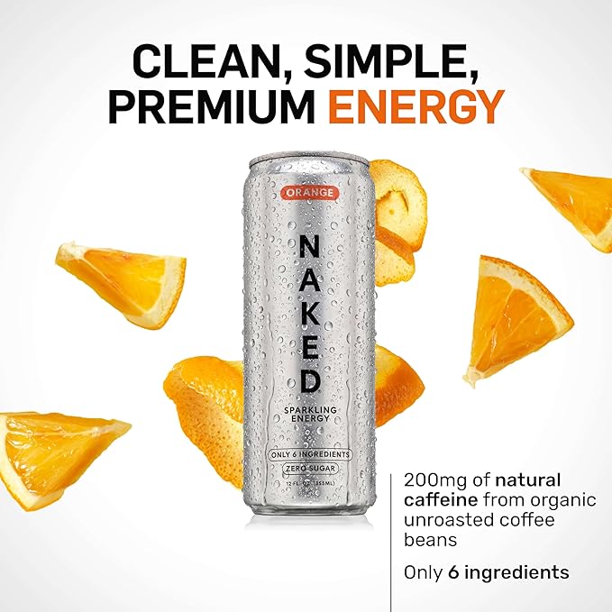 Naked Sparkling Energy Drink - Orange Organic Caffeine Organic Lemon Juice Zero Sugar No Sucralose Naturally Sweetened Clean Energy Drinks Vegan Gluten-Free Non-GMO - 12oz Cans (Pack of 12)