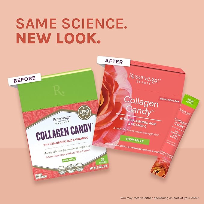 Reserveage Nutrition Collagen Candy Collagen Supplement for Skin Care Hair Growth Collagen Booster for Nail Care Supports Elastin Production Paleo and Keto Sour Apple 2.3 Ounces (20 Servings)