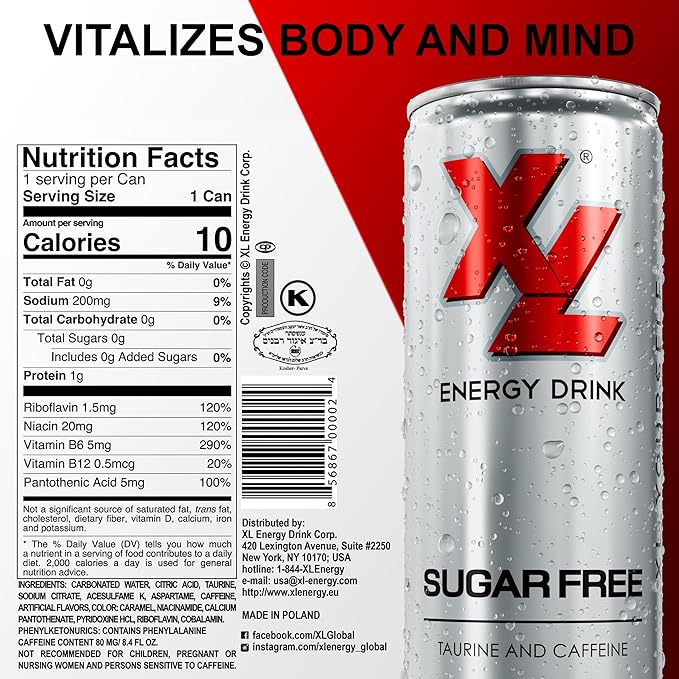 XL Energy Drinks Sugar Free Energy Drink 24 Pack with Caffeine plus Taurine &amp B Vitamins - Zero Sugar Energy Drinks - Low Calories Keto Friendly Drink - Sugarfree Drink 250 ml (8.4 Oz) Diet Energy