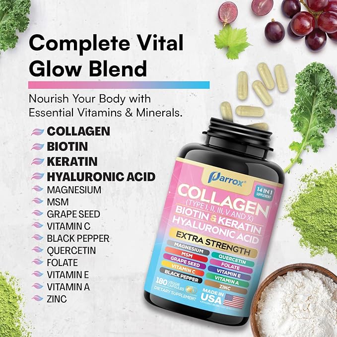 Collagen Peptides Types I II III V &amp X MCG Biotin Keratin Hyaluronic Acid MSM Zinc Grape Seed Extract Quercetin Vitamin A Vitamin C Vitamin E Magnesium Folic Acid (180 Capsules)